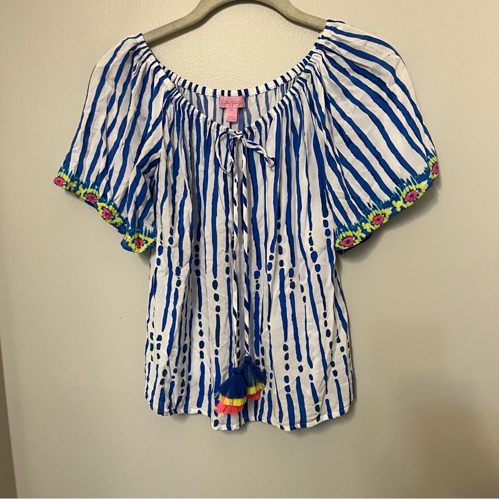 Lilly Pulitzer Sain Off The Shoulder Tassel Short Sleeve Blouse blue stripe XS